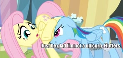 Size: 960x456 | Tagged: safe, edit, edited screencap, screencap, fluttershy, rainbow dash, pegasus, pony, the crystal empire, caption, cropped, duo, female, image macro, innuendo, personal space invasion, roflbot, text