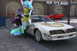 Size: 3000x2000 | Tagged: safe, artist:tahublade7, derpibooru import, princess celestia, twilight sparkle, anthro, plantigrade anthro, 3d, boots, car, clothes, daz studio, ferrari 458 italia, not sfm, pontiac, pontiac firebird, school uniform