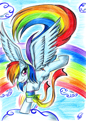 Size: 1623x2286 | Tagged: safe, artist:yuki-orin, rainbow dash, pegasus, pony, cloud, cloudy, rainbow, traditional art