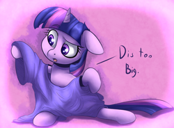 Size: 1024x753 | Tagged: safe, artist:sourspot, artist:verulence, derpibooru import, twilight sparkle, pony, unicorn, collaboration, clothes, cute, dialogue, female, open mouth, oversized clothes, oversized shirt, shirt, solo, twiabetes