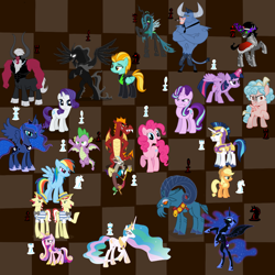 Size: 1200x1200 | Tagged: safe, applejack, cozy glow, flam, flim, garble, grogar, lightning dust, lord tirek, nightmare moon, pinkie pie, pony of shadows, princess cadance, princess celestia, princess luna, rainbow dash, rarity, shining armor, spike, starlight glimmer, twilight sparkle, twilight sparkle (alicorn), alicorn, dragon, earth pony, minotaur, pegasus, pony, unicorn, chess, clothes, female, flim flam brothers, male, uniform, vector, washouts uniform, winged spike