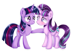 Size: 1786x1276 | Tagged: safe, artist:vixelzf, derpibooru import, starlight glimmer, twilight sparkle, twilight sparkle (alicorn), alicorn, pony, female, lesbian, mare, shipping, simple background, smiling, teacher and student, transparent background, twistarlight