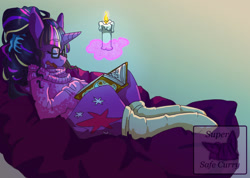 Size: 1136x810 | Tagged: safe, artist:pastel-pony-pictures, derpibooru import, twilight sparkle, unicorn, alternate hairstyle, book, candle, clothes, drool, glasses, levitation, magic, sleeping, socks, solo, sweater, telekinesis, this will not end well