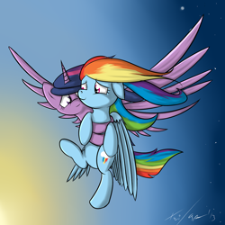 Size: 1280x1280 | Tagged: safe, artist:geneticanomaly, rainbow dash, twilight sparkle, twilight sparkle (alicorn), alicorn, pegasus, pony, female, flying, lesbian, shipping, twidash