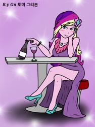 Size: 768x1024 | Tagged: safe, artist:ajrrhvk12, dean cadance, princess cadance, equestria girls, alcohol, blushing, clothes, dress, flower, flower in hair, glass, high heels, look, looking at you, side slit, sitting, solo, table, wine, wine glass