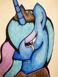 Size: 756x1008 | Tagged: safe, artist:emberpon3, princess luna, alicorn, pony, bust, crying, female, horn, jewelry, mare, portrait, profile, regalia, sad, solo, tiara, traditional art