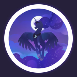 Size: 2657x2657 | Tagged: safe, artist:lynadeathshaow, princess luna, alicorn, pony, cloud, flying, lineless, moon, night, solo