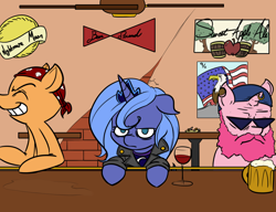 Size: 1300x1000 | Tagged: safe, anonymous artist, princess luna, alicorn, pony, /mlp/, 4chan, alcohol, angry, bar, beer, biker bar, biker luna, clothes, colored, cute, drawthread, glass, jacket, leather jacket, lunabetes, s1 luna, the other biker princess from equestria, wine glass