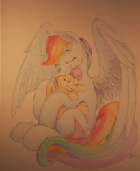 Size: 3013x3675 | Tagged: safe, artist:anoldmate, rainbow dash, scootaloo, pegasus, pony, hug, scootalove, traditional art