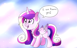 Size: 1024x644 | Tagged: safe, artist:theartistsora, princess cadance, alicorn, pony, blank flank, cute, cutedance, female, filly, happy, open mouth, princess celestia's special princess making dimension, smiling, solo, younger