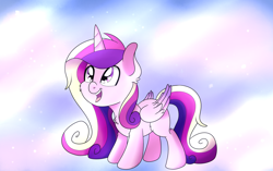 Size: 1024x644 | Tagged: safe, artist:theartistsora, princess cadance, alicorn, pony, blank flank, cute, cutedance, female, filly, happy, open mouth, princess celestia's special princess making dimension, smiling, solo, younger