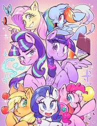 Size: 981x1272 | Tagged: safe, artist:jirousan, derpibooru import, applejack, fluttershy, pinkie pie, rainbow dash, rarity, starlight glimmer, twilight sparkle, twilight sparkle (alicorn), alicorn, butterfly, earth pony, pegasus, pony, unicorn, apple, balloon, blushing, book, cloud, cute, cutie mark, female, floppy ears, food, gem, grin, looking at you, magic, mane six, mare, rearing, smiling, sparkles, wink