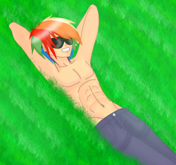 Size: 650x612 | Tagged: safe, artist:danteskitten, rainbow blitz, rainbow dash, abs, belly button, clothes, humanized, rule 63, topless