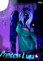 Size: 1050x1500 | Tagged: safe, artist:atiquaart, princess luna, anthro, alternative cutie mark placement, clothes, ear piercing, earring, freckles, jewelry, moon, night, off shoulder, piercing, shirt, shoulder cutie mark, solo, stars, tree