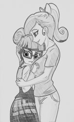 Size: 657x1080 | Tagged: safe, artist:5341456, artist:ta-na, edit, dean cadance, princess cadance, sci-twi, twilight sparkle, equestria girls, art theft, clothes, cute, glasses, grayscale, hair bun, hug, jeans, monochrome, pants, ponytail, shirt, simple background, skirt, sweater vest, t-shirt, trace, traditional art, vest