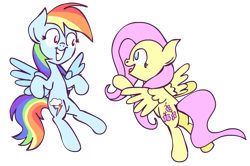 Size: 1099x731 | Tagged: safe, artist:scrimpeh, fluttershy, rainbow dash, pegasus, pony, blue coat, female, mare, multicolored mane, pink mane, wings, yellow coat