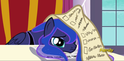 Size: 1416x700 | Tagged: safe, screencap, princess luna, alicorn, pony, a royal problem, checklist, cute, discovery family logo, female, lunabetes, mare, newspaper, paper, parchment, sadorable, solo, tired, working