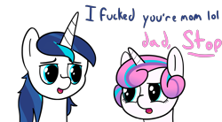 Size: 7227x4000 | Tagged: safe, artist:czu, princess flurry heart, shining armor, alicorn, pony, unicorn, bad parenting, dad joke, father and child, father and daughter, female, filly, grammar error, implied princess cadance, lol, male, misspelling of your, older, older flurry heart, parent and child, shining armor is a goddamn moron, stallion, subtle as a train wreck, text, this will end in a night on the couch, truth, vulgar, your mom