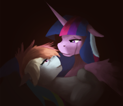 Size: 1100x950 | Tagged: safe, artist:jykinturah, rainbow dash, twilight sparkle, twilight sparkle (alicorn), alicorn, pegasus, pony, crying, female, immortality blues, lesbian, mare, sad, shipping, twidash