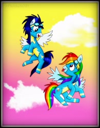 Size: 2680x3430 | Tagged: safe, artist:phinbella781, rainbow dash, soarin', pegasus, pony, cloud, cloudy, female, flying, male, shipping, soarindash, straight, wonderbolts, wonderbolts uniform