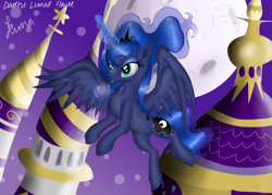 Size: 4823x3445 | Tagged: safe, artist:darkest-lunar-flower, princess luna, alicorn, pony, absurd resolution, apple, belly button, canterlot, canterlot castle, chest fluff, cute, eyelashes, eyeshadow, female, flying, food, lunabetes, makeup, mare, missing accessory, moon, solo, tongue out