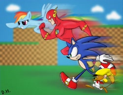 Size: 3300x2550 | Tagged: safe, artist:the-fifth-dementia, rainbow dash, pegasus, pony, crossover, dc comics, green hill zone, looney tunes, race, rivalry, sonic the hedgehog, sonic the hedgehog (series), speedy gonzales, the flash