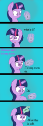 Size: 2142x6319 | Tagged: safe, artist:purpleblackkiwi, derpibooru import, twilight sparkle, comic, cute, dialogue, gloves, horn warmer, magic, simple background, winter