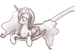 Size: 1588x1187 | Tagged: safe, artist:plotcore, princess luna, alicorn, pony, chest fluff, cute, horse spooning meme, lunabetes, meme, monochrome, sketch, solo, spoon, tiny ponies