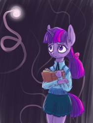 Size: 1224x1624 | Tagged: safe, artist:kovoranu, derpibooru import, twilight sparkle, anthro, book, clothes, rain, shirt, skirt, solo, sweater vest