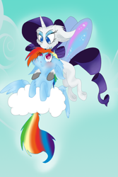 Size: 1280x1920 | Tagged: safe, rainbow dash, rarity, pegasus, pony, unicorn, collaboration, artificial wings, augmented, cloud, cloudy, female, fluffy, lesbian, magic, magic wings, raridash, shipping, sky, wings