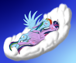 Size: 3123x2576 | Tagged: safe, artist:vasillium, rainbow dash, twilight sparkle, twilight sparkle (alicorn), alicorn, pegasus, pony, blushing, cuddling, female, kissing, lesbian, mare, shipping, twidash, wingboner