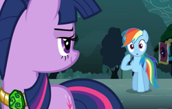 Size: 800x509 | Tagged: safe, screencap, rainbow dash, twilight sparkle, pegasus, pony, magic duel, lidded eyes, out of context