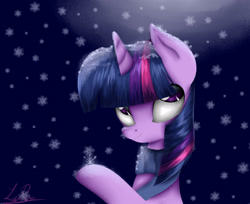 Size: 2155x1755 | Tagged: safe, artist:okusheny, derpibooru import, twilight sparkle, snow, snowfall, solo