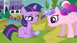 Size: 1280x720 | Tagged: safe, screencap, princess cadance, twilight sparkle, unicorn twilight, alicorn, pony, unicorn, bandaid, cute, female, filly, filly twilight sparkle, teary eyes, teen princess cadance, twiabetes, younger