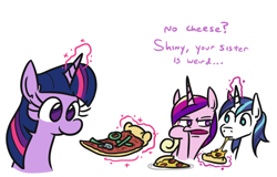 Size: 644x412 | Tagged: safe, artist:jargon scott, princess cadance, shining armor, twilight sparkle, alicorn, pony, unicorn, bust, cheese, dialogue, female, food, glowing horn, magic, male, mare, meat, peetzer, pepperoni, pepperoni pizza, pizza, ponies eating meat, simple background, stallion, telekinesis, they're just so cheesy, trio, turophobia, vegan, vegetables, vegetarian, white background