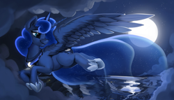 Size: 3790x2172 | Tagged: safe, artist:dimfann, princess luna, alicorn, pony, city, female, flying, full moon, head turn, jewelry, looking back, looking down, majestic, mare, moon, night, regalia, scenery, solo, spread wings, wings