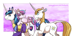 Size: 1364x684 | Tagged: safe, artist:inuhoshi-to-darkpen, prince blueblood, princess flurry heart, shining armor, alicorn, classical unicorn, pony, unicorn, :p, bowtie, butt fluff, cheek fluff, chest fluff, clothes, curved horn, cute, dock, ear fluff, eyes closed, father and child, father and daughter, feathered fetlocks, female, filly, floppy ears, fluffy, flurrybetes, frown, gritted teeth, hoof fluff, horn, leg fluff, leonine tail, long horn, looking back, male, nose wrinkle, older, parent and child, ponies riding ponies, raised hoof, raspberry, shirt, silly, smiling, stallion, tail feathers, tail fluff, tongue out, trio, uniform, unshorn fetlocks, walking, wide eyes, wing fluff
