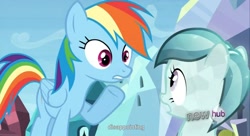 Size: 1595x869 | Tagged: safe, screencap, rainbow dash, crystal pony, pegasus, pony, image macro, meme, youtube caption, youtube link