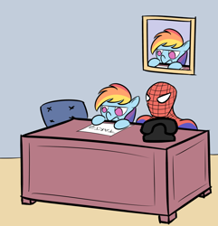 Size: 800x831 | Tagged: safe, artist:perrydotto, rainbow dash, pegasus, pony, crossover, desk, spider-man, unenthused