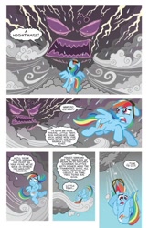 Size: 800x1230 | Tagged: safe, idw, rainbow dash, runt the cloud gremlin, pegasus, pony, blade runner, cloud, cloud gremlins, female, floppy ears, goggles, hooves, idw advertisement, lightning, mare, micro-series, official, official comic, on a cloud, open mouth, preview, spread wings, standing on cloud, stormcloud, teeth, wings