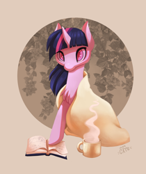 Size: 1534x1826 | Tagged: safe, artist:miss-cats, derpibooru import, twilight sparkle, blanket, book, chest fluff, coffee, coffee mug, comfy, food, solo