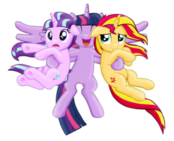 Size: 1259x1024 | Tagged: safe, artist:majkashinoda626, derpibooru import, starlight glimmer, sunset shimmer, twilight sparkle, twilight sparkle (alicorn), alicorn, pony, unicorn, counterparts, cute, diabetes, eyes closed, floppy ears, flying, frown, glimmerbetes, happy, horn, hug, magical trio, open mouth, s5 starlight, shimmerbetes, simple background, smiling, spread wings, transparent background, twiabetes, twilight's counterparts, twishimmerglimmer, underhoof, vector, wide eyes, wings
