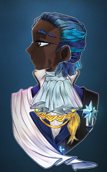 Size: 2267x3628 | Tagged: safe, artist:schokocream, shining armor, human, african, alternate hairstyle, blue background, bust, dark skin, humanized, male, portrait, prince, royal, royal guard, scar, scared, serious, serious face, simple background, solo, stallion