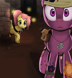 Size: 2483x2688 | Tagged: safe, artist:mmmenagerie, derpibooru import, fluttershy, twilight sparkle, firefly (insect), pegasus, pony, 2012, alternate hairstyle, cutie mark, depth of field, dog tags, headband, meeting, saddle bag, scar, surprised, sword, weapon