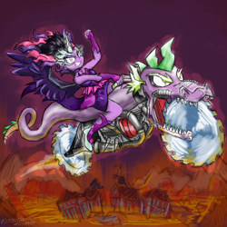 Size: 1500x1500 | Tagged: safe, artist:flutterthrash, derpibooru import, midnight sparkle, sci-twi, spike, twilight sparkle, equestria girls, album cover, canterlot high, destruction, judas priest, metal, metal as fuck, motorcycle, painkiller, parody