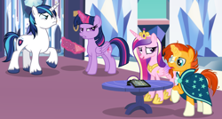 Size: 3352x1792 | Tagged: safe, artist:razorbladetheunicron, princess cadance, shining armor, sunburst, twilight sparkle, twilight sparkle (alicorn), alicorn, pony, unicorn, annoyed, argument, base used, book, brother, cloak, clothes, commission, crown, crystal castle, crystal empire, female, game night, glasses, group, jewelry, levitation, magic, male, mare, princess, regalia, scrabble, shoes, siblings, sister, stallion, table, telekinesis, unshorn fetlocks