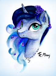 Size: 1000x1360 | Tagged: safe, artist:lailyren, artist:moonlight-ki, princess luna, alicorn, pony, bust, flower, flower in hair, portrait, solo, traditional art, watercolor painting