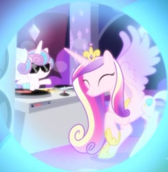 Size: 637x653 | Tagged: safe, screencap, princess cadance, princess flurry heart, alicorn, pony, a royal problem, cropped, dj flurry heart, dream bubble