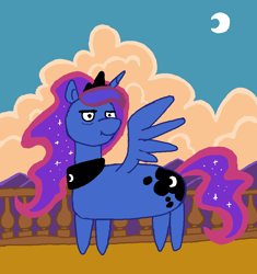 Size: 801x851 | Tagged: safe, artist:bra1neater, princess luna, alicorn, pony, 1000 hours in ms paint, cloud, dawn, looking at something, moon, ms paint, spread wings, wings