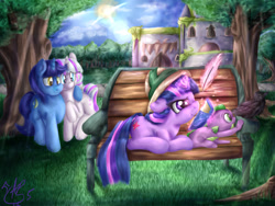 Size: 1280x960 | Tagged: safe, artist:aquaticsun, derpibooru import, night light, spike, twilight sparkle, twilight velvet, unicorn twilight, bird, dragon, pony, raven (bird), unicorn, baby, baby dragon, baby spike, bench, book, crepuscular rays, cute, cutie mark, feather, female, filly, filly twilight sparkle, floppy ears, glare, grass, hat, house, levitation, looking at something, magic, male, mare, nature, nightvelvet, pith helmet, quill, raised hoof, scenery, smiling, smirk, spikabetes, spike's family, stallion, sun, telekinesis, tree, twiabetes, yard, younger